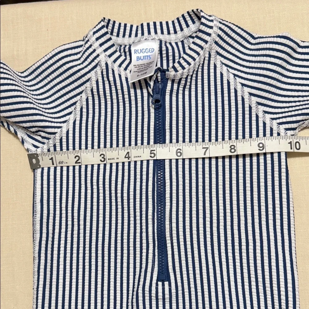 Rugged Butts Zip Front Seersucker Blue & White Striped Kids Swim Romper. 6-12mo.